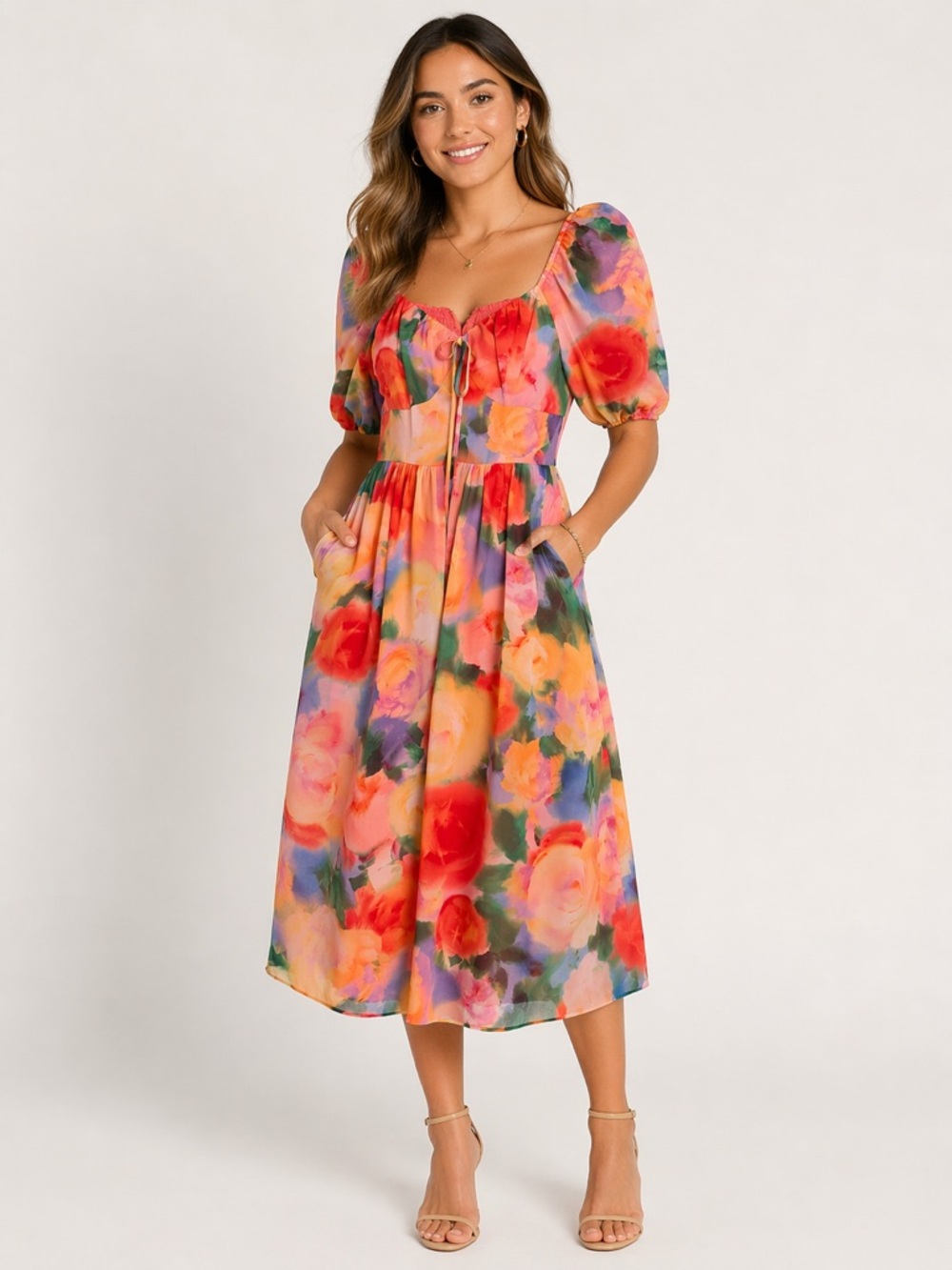 Vince Camuto Floral Puff Sleeve A-Line Midi Dress Sweetheart Neck NWT